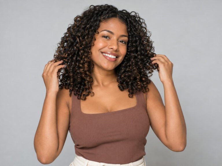 Mulher sorrindo com cabelo cacheado recém-lavado