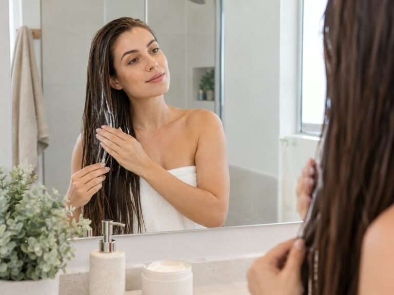 Mulher aplicando máscara de hidratação no cabelo em frente ao espelho
