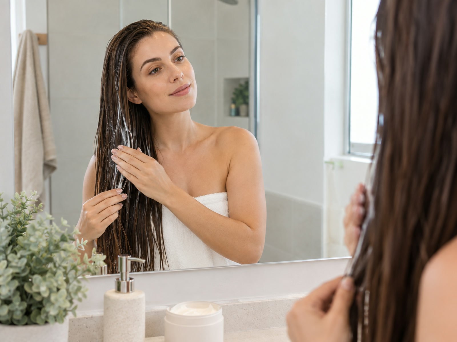 Mulher aplicando máscara de hidratação no cabelo em frente ao espelho
