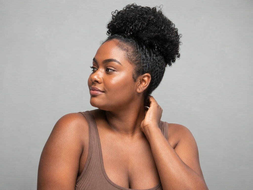 Mulher de cabelo crespo em coque alto após umectação