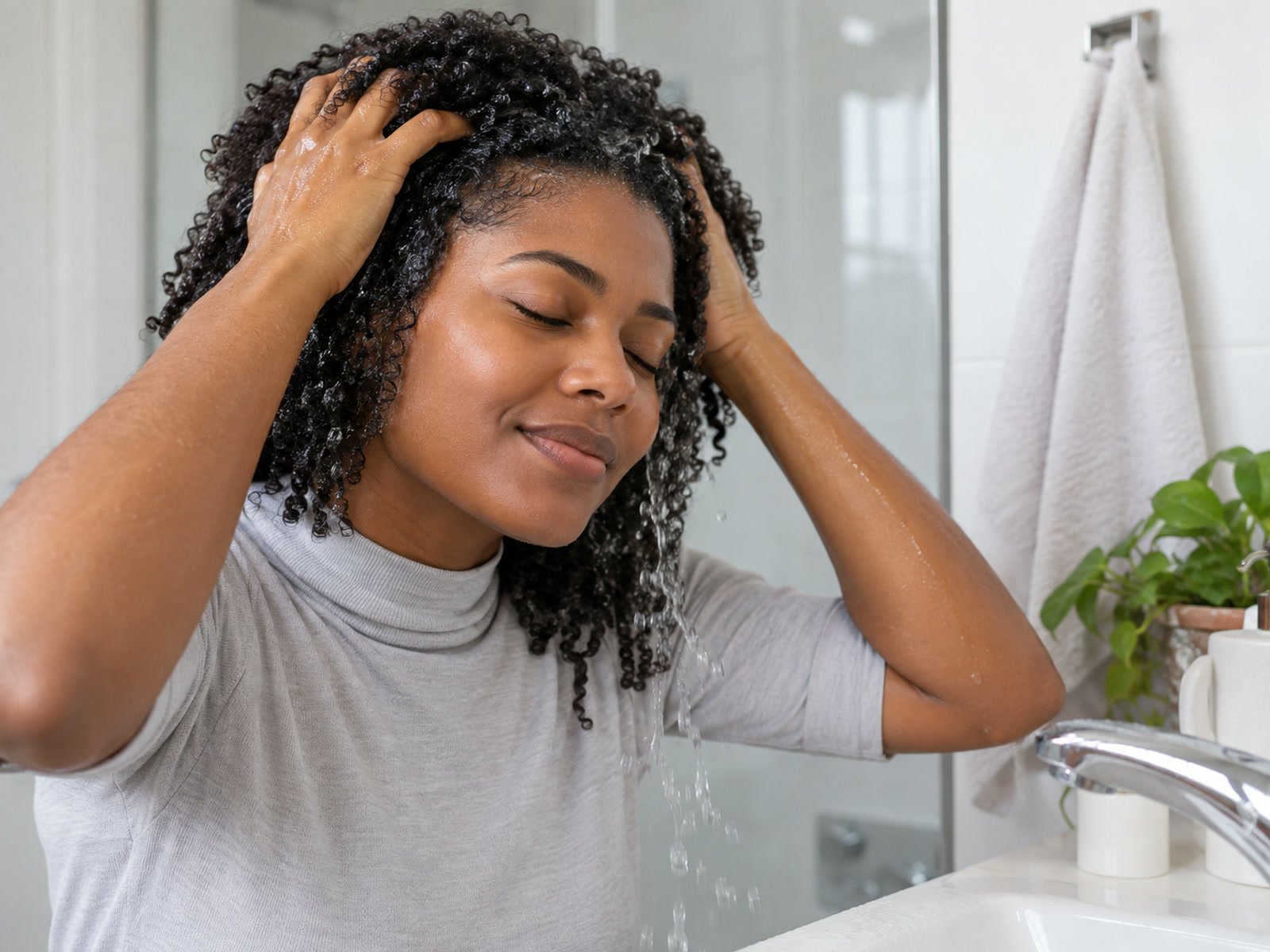 Mulher lavando o cabelo cacheado no método no-poo