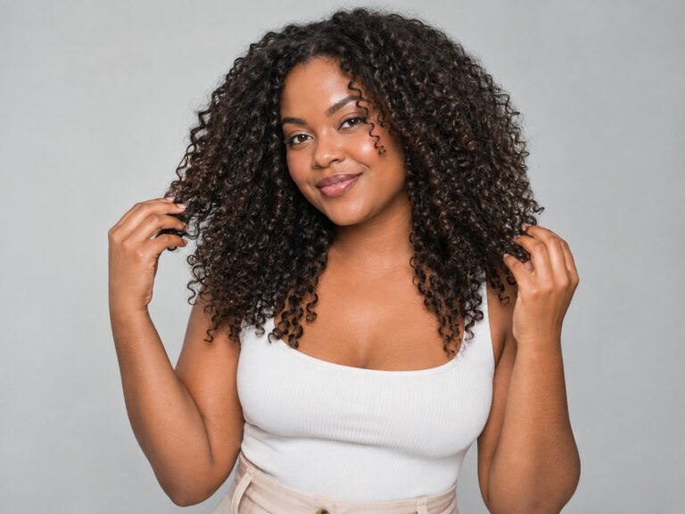 Mulher sorrindo tocando o cabelo cacheado nutrido