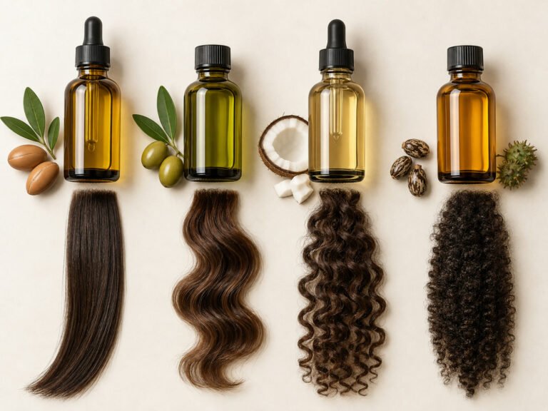 Frascos de óleos vegetais ao lado de mechas de cabelo de diferentes tipos