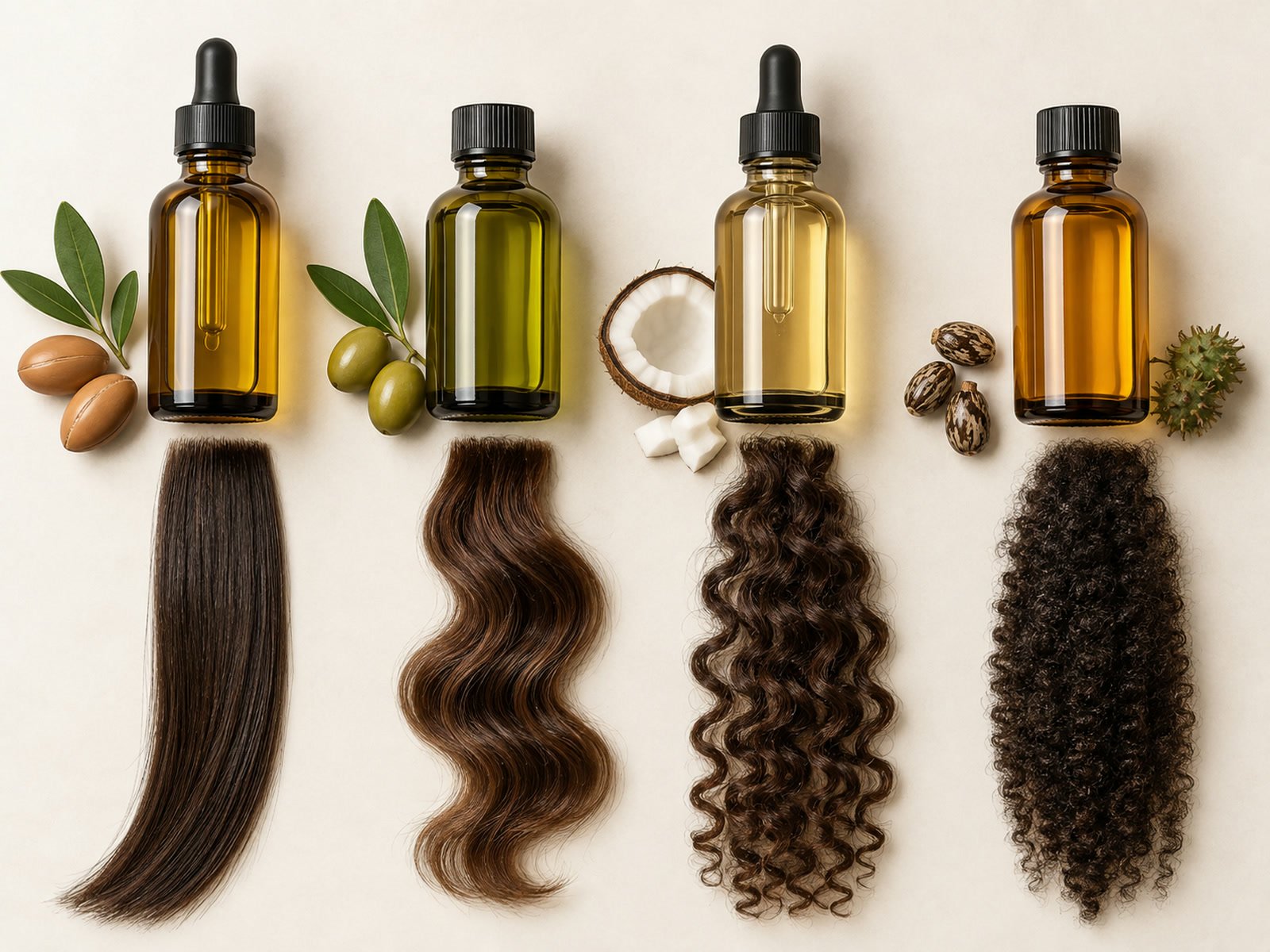 Frascos de óleos vegetais ao lado de mechas de cabelo de diferentes tipos
