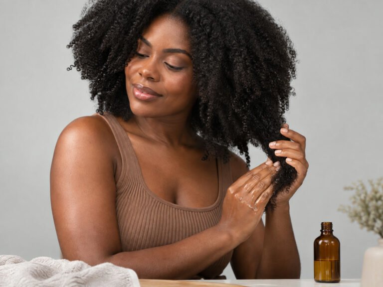 Mulher aplicando óleo vegetal nas pontas do cabelo crespo