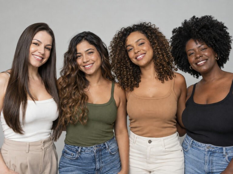 Quatro mulheres representando os quatro tipos de cabelo, liso, ondulado, cacheado e crespo