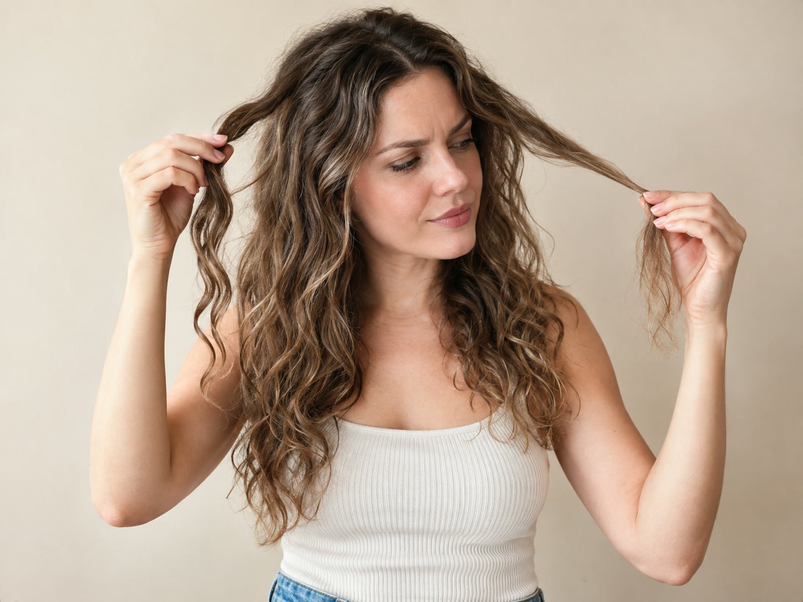 Mulher comparando duas mechas do cabelo ondulado
